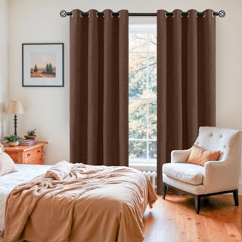 YoungsTex Dark Brown Linen Blackout Curtains 96 Inches Long for