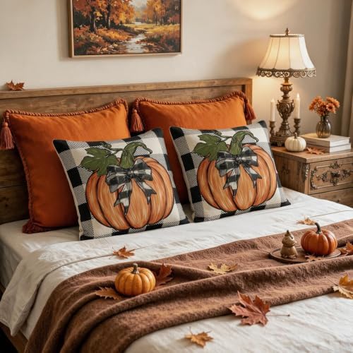Fall Pillow Covers 22x22 Inch Set of 2, Burnt Orange Pumpkin Buffalo