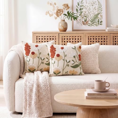 Embroidered Throw Pillow Covers 18x18, 2 Pack, Rust Floral Couch Decor
