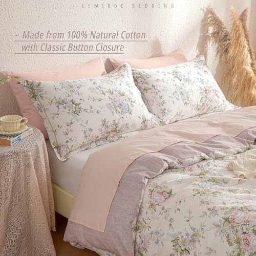 LEMIROE Vintage 100% Cotton Floral Duvet Cover Queen Size 3PC