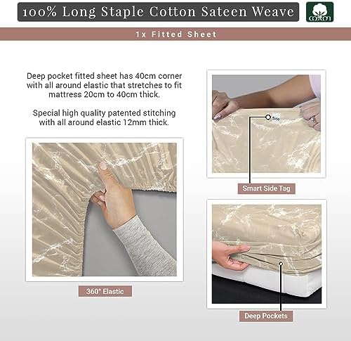 Pizuna 100% Cotton Marble Print Twin XL Fitted Sheet 400TC Taupe