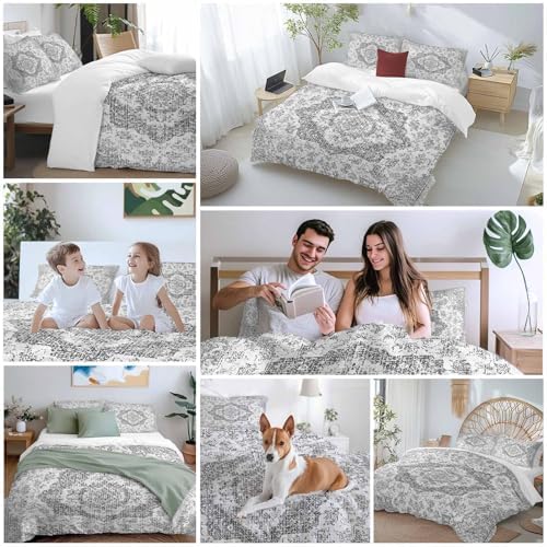Grey Boho Bedding 3 Piece Duvet Cover Set Full Size, Middle Cuntury