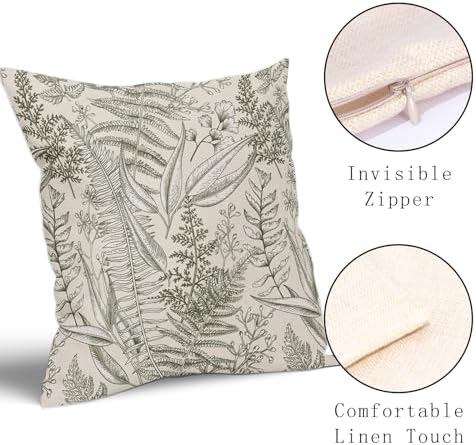 Olive Green Leaf Plant Pillow Covers 20X20 Inch Herbs Botanical Fern