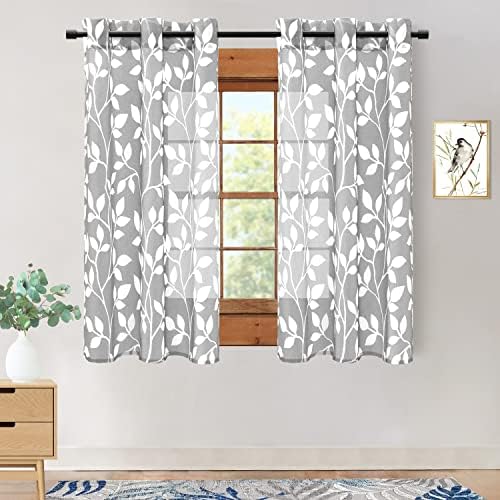 XTMYI Gray and White Sheer Curtains, Light Grey Leaf Pattern Window