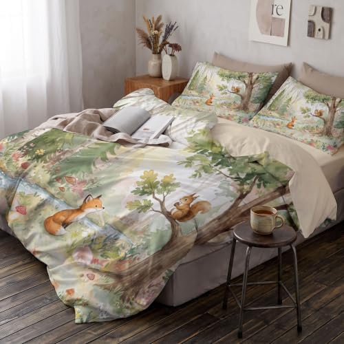Sage Green Fairy Tale Animal Forest Duvet Cover Set For Women Girls