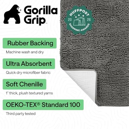 GORILLA GRIP Bath Rug Mat for Bathroom, Absorbent Chenille, 24x17