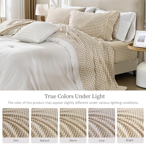 PURE ERA Tan Gingham Sheets Set 100% Washed Cotton Linen Like Full