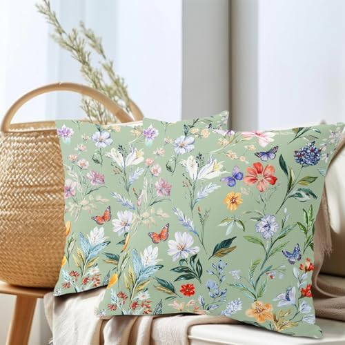 Spring Pillow Covers 22x22 Inch Set of 2 Sage Green Butterfly Flower