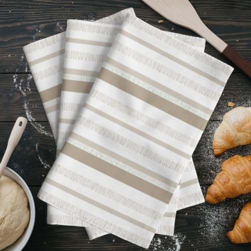 Brown Beige Stripe Kitchen Towels Set of 3, Modern Minimalist