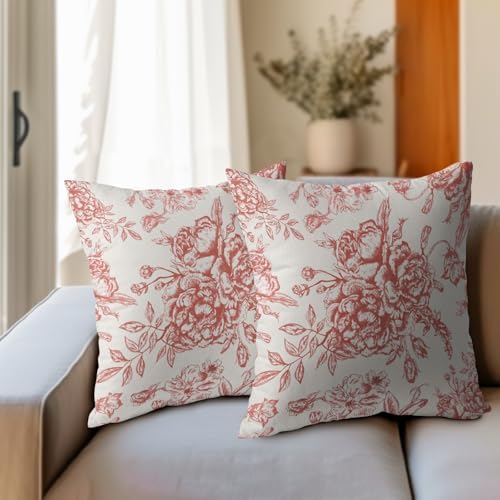 Red Cream Flowers Pillow Covers 18x18 Inch 2 Packs Chinoiserie Red and