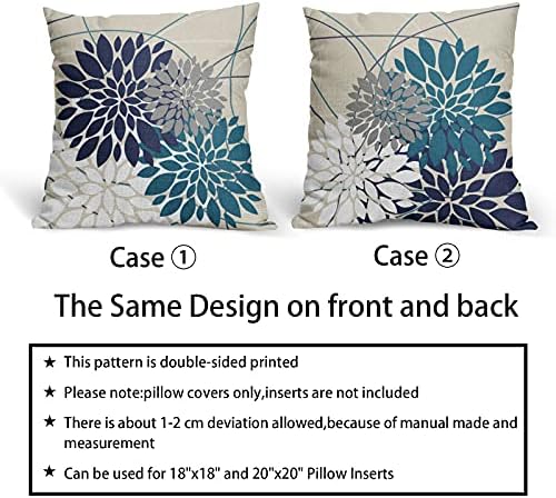 Navy Blue Teal White Grey Flower Pillow Covers 22x22 Set of 2 Dahlia