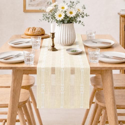 Rustic Linen Farmhouse Table Runner, Woven Boho Table Runner 13" ×