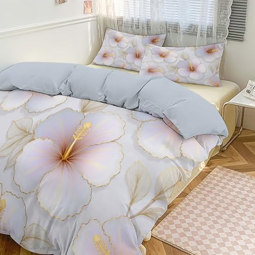 Simple Watercolor Hibiscus Flower Duvet Cover King 3Pcs, Breathable