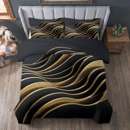 King Duvet Cover Set Soft Microfiber Abstract Golden Lines