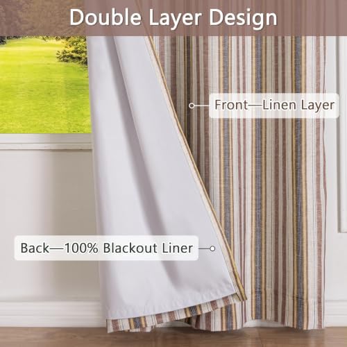MYSKY HOME 100% Blackout Striped Linen Curtains 96 Inch Long 2 Panels