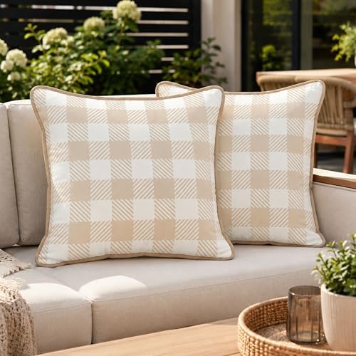 Waterproof Outdoor Pillow Covers 18x18, Set of 2, Beige and White