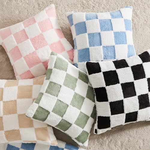 Ohocut Checkered Jacquard Shag Throw Pillow Covers, Pack of 2 Fluffy