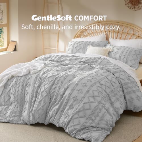 Bedsure Boho Duvet Cover Queen, Tufted Embroidery, 3-Piece, Light Grey