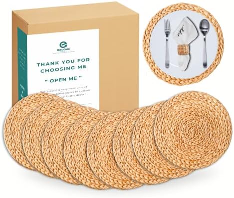 Round Woven Placemats Set of 8, Wicker Placemats, Natural Water