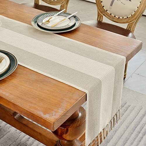 Wracra Linen Table Runner, Stripe Table Runners 72 Inches Long Light