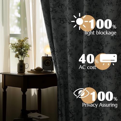 jinchan Black Floral Blackout Curtains 84 Inch Vintage Back Tab 2