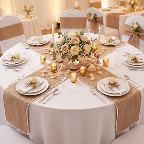 Breling 2 Pcs Burlap Pearl Table Runner 12 X 72 Inch, Rustic Boho