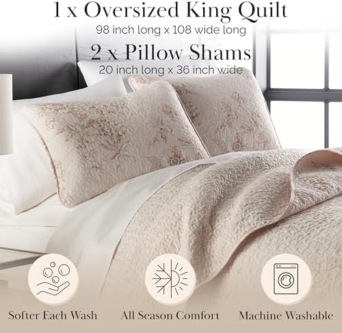 Extra Wide King Quilt Bedding Set w/ 2 Quilted Pillow Shams, Taupe