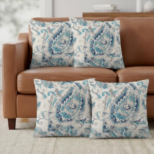 Vintage Paisley Throw Pillow Covers, Boho Teal Blue Ethnic Curving