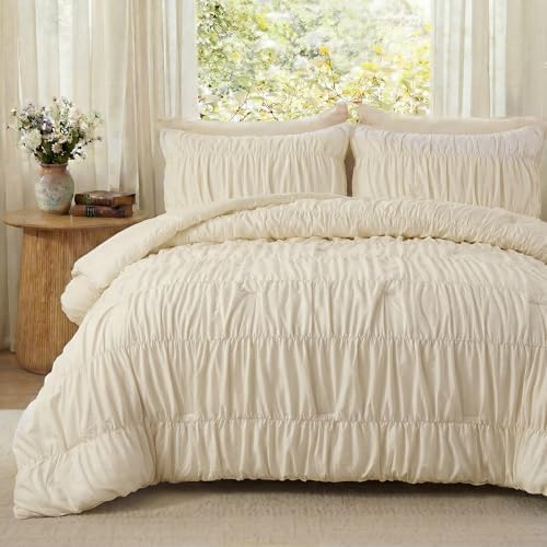 Bedbay 100% Cotton Ruched Duvet Cover Set King Size, Elegant Ivory