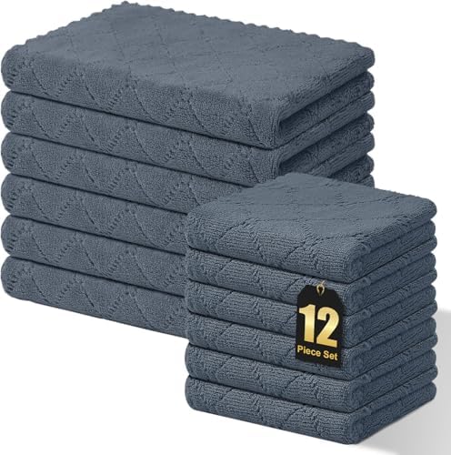 Homaxy Super Soft 12 Pack Kitchen Towels and Dishcloths Set, Dark Grey