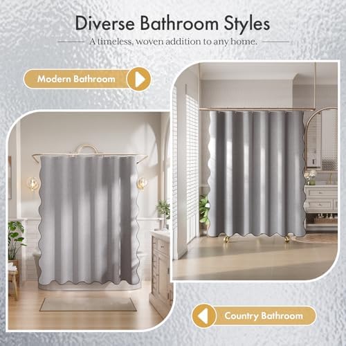 Bathway Modern Scalloped Shower Curtain Linen Textured, Light Gray