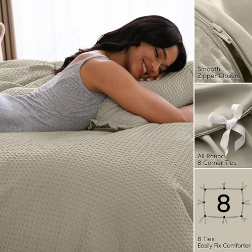 David's Home Textured Waffle Weave Duvet Cover Set, Twin Size, Taupe