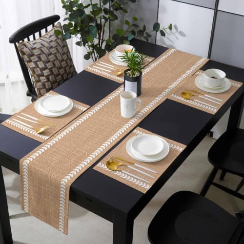 Boho Linen Table Runner and Placemats Set of 6 Leaf Stripes Linen