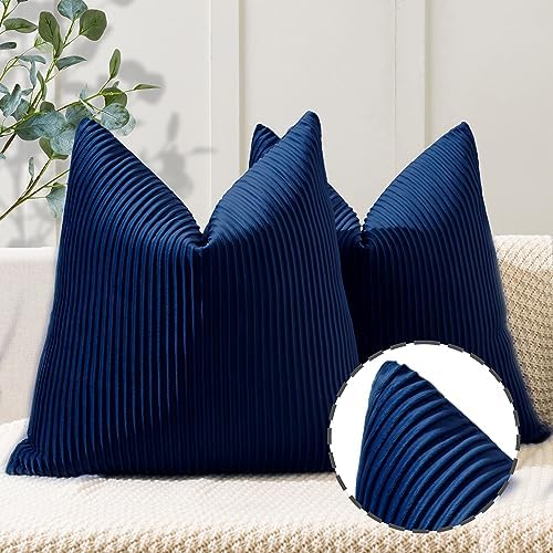 YCOLL Navy Blue Pillow Covers 22x22 Set of 2 Velvet Striped Pattern