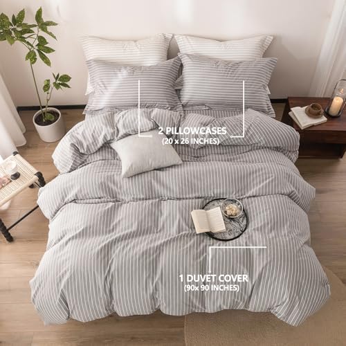 3Pcs Grey White Striped Queen Duvet Cover Set Washed Cotton