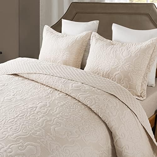 NEWLAKE Quilt Bedspread Set, Beige Jacquard Embossed Floral Pattern
