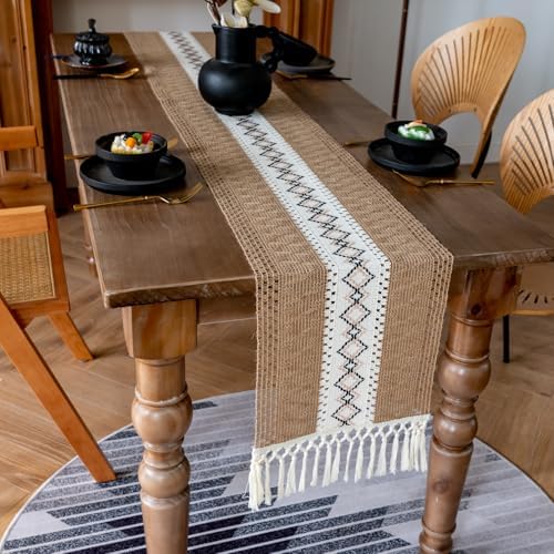 EMMTEEY Macrame Table Runner Boho Style 108 Inches Long, Brown White