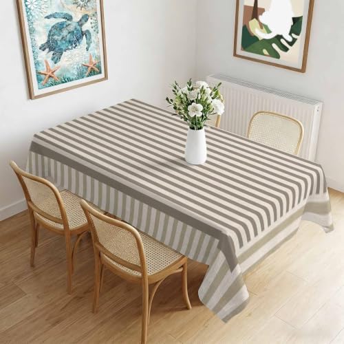 Taupe Beige Stripes Waterproof Tablecloth Rectangle Washable Table