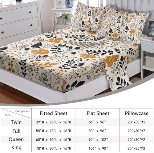 AILONEN Full 4 Piece Fitted Sheet Set, Black Mustard Botanical Sprigs