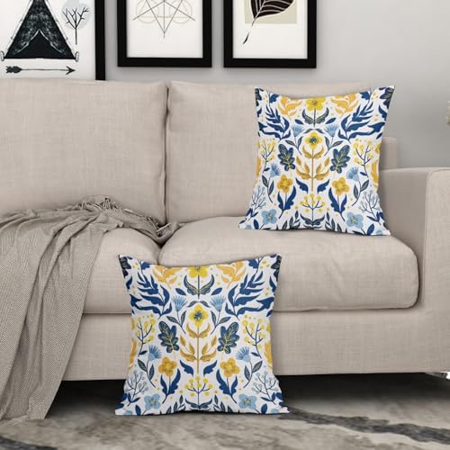 Blue Yellow Teal Floral Pillow Covers 22x22 Set of 2 Flower Flower