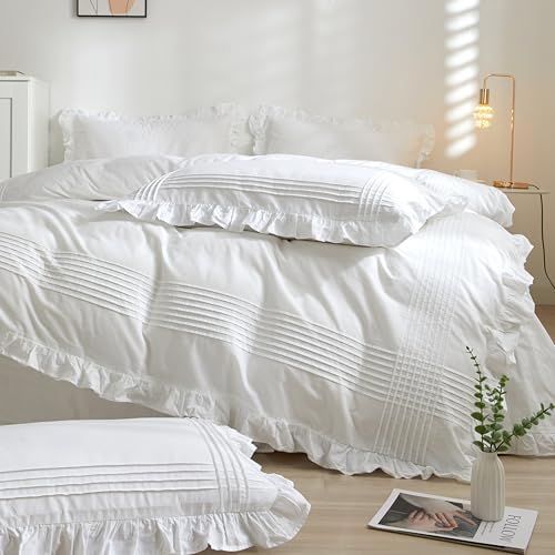 White Ruffle Duvet Cover King Size 3 Pieces, 100% Cotton Bedding