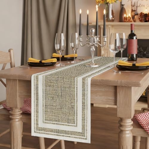 White Double Border Table Runner, Farmhouse Linen Woven Texture Beige