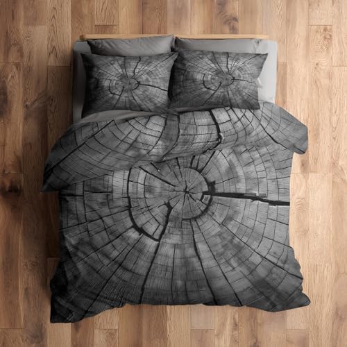 Modern Abstract Duvet Cover Queen Size, Grey Rustic Wood Plank