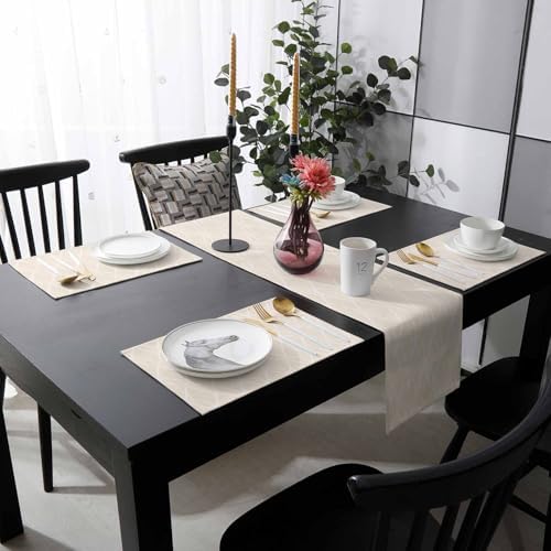 Beige Moire Waves Table Runner and Placemats for Dining Table, Burlap