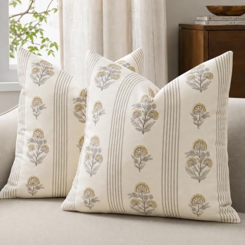 Vintage Throw Pillow Covers 18x18 Set of 2, Striped Floral Pillow