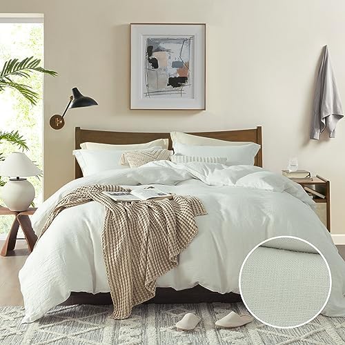 CozyDH 100% Linen Duvet Cover Set Queen Size, White, 3 Pieces