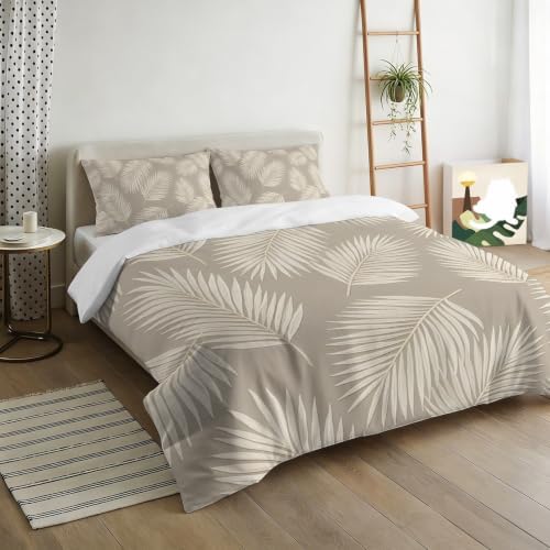 Taupe Palm Leaves Duvet Cover Queen Size, Tropical Plants Leaf Modern