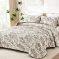 WONGS BEDDING Taupe Quilt Set Queen Size, Botanical Floral Bedspread