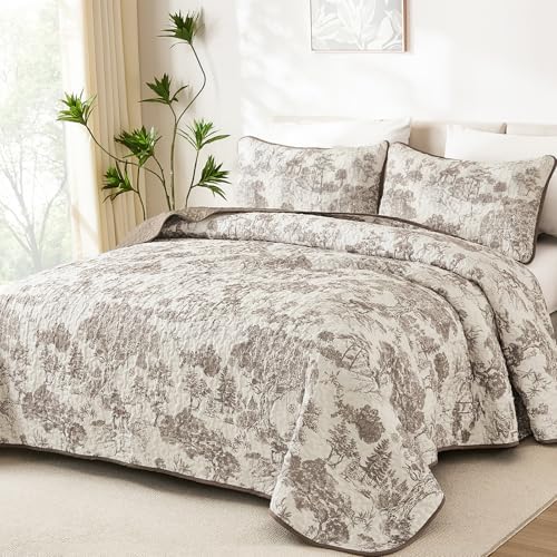 WONGS BEDDING Taupe Quilt Set Queen Size, Botanical Floral Bedspread