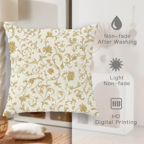 Elegant Floral Pillow Covers Set of 2, Cream and Gold Decorative